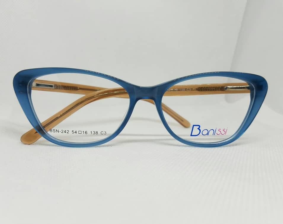 blue framed glasses at eye clinic in Abuja