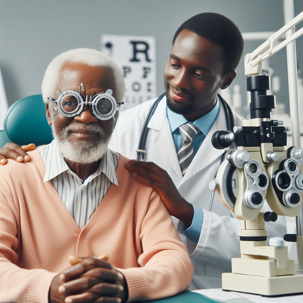 Senior with an eye doctor at an eye clinic in Abuja, Nigeria.