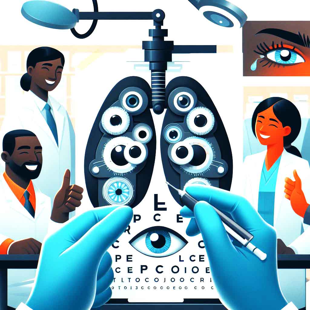 An illustration of a doctor looking at an eye chart at the best eye clinic in Abuja.