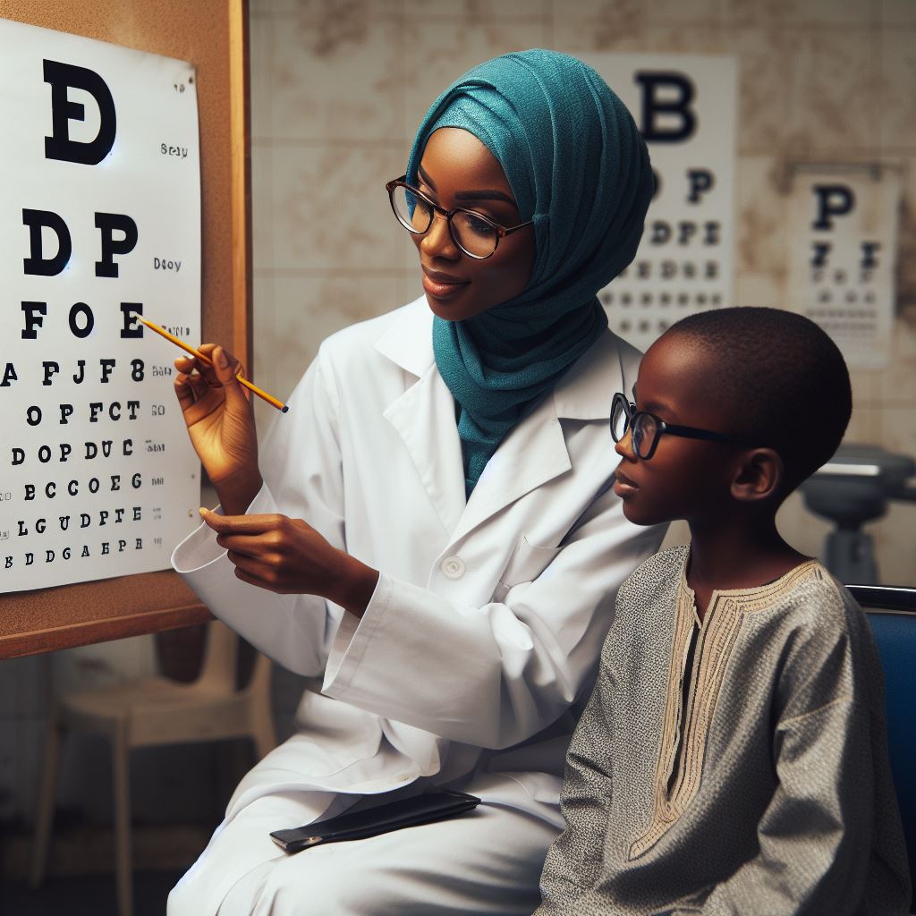 A woman in a hijab is looking at a child's eye chart at the best eye clinic in Abuja, near me.